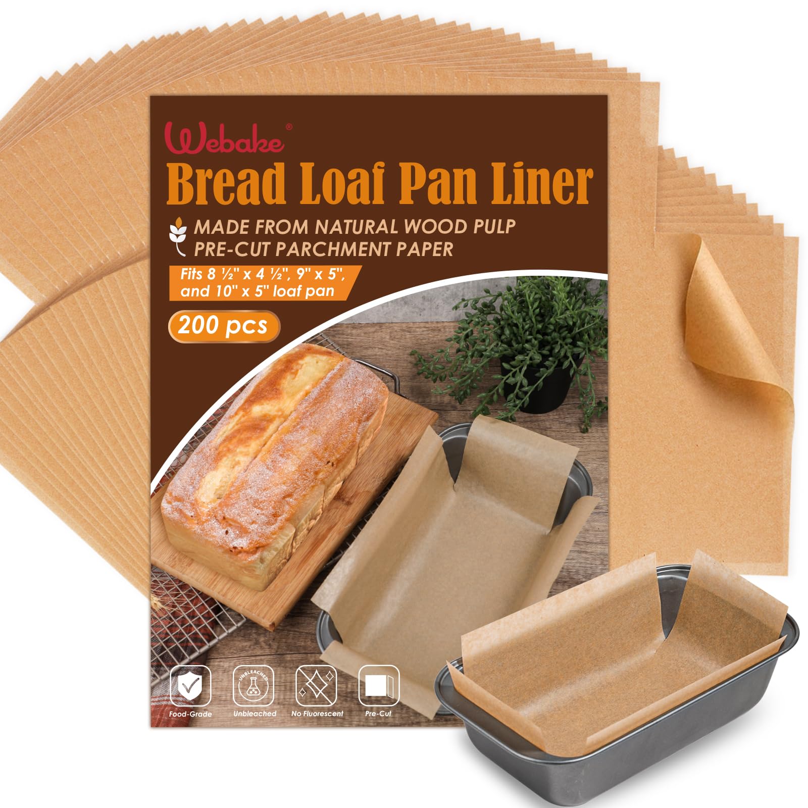 Webake unbleached parchment loaf pan liners for 9x5 pans, non-stick release for easier baking.