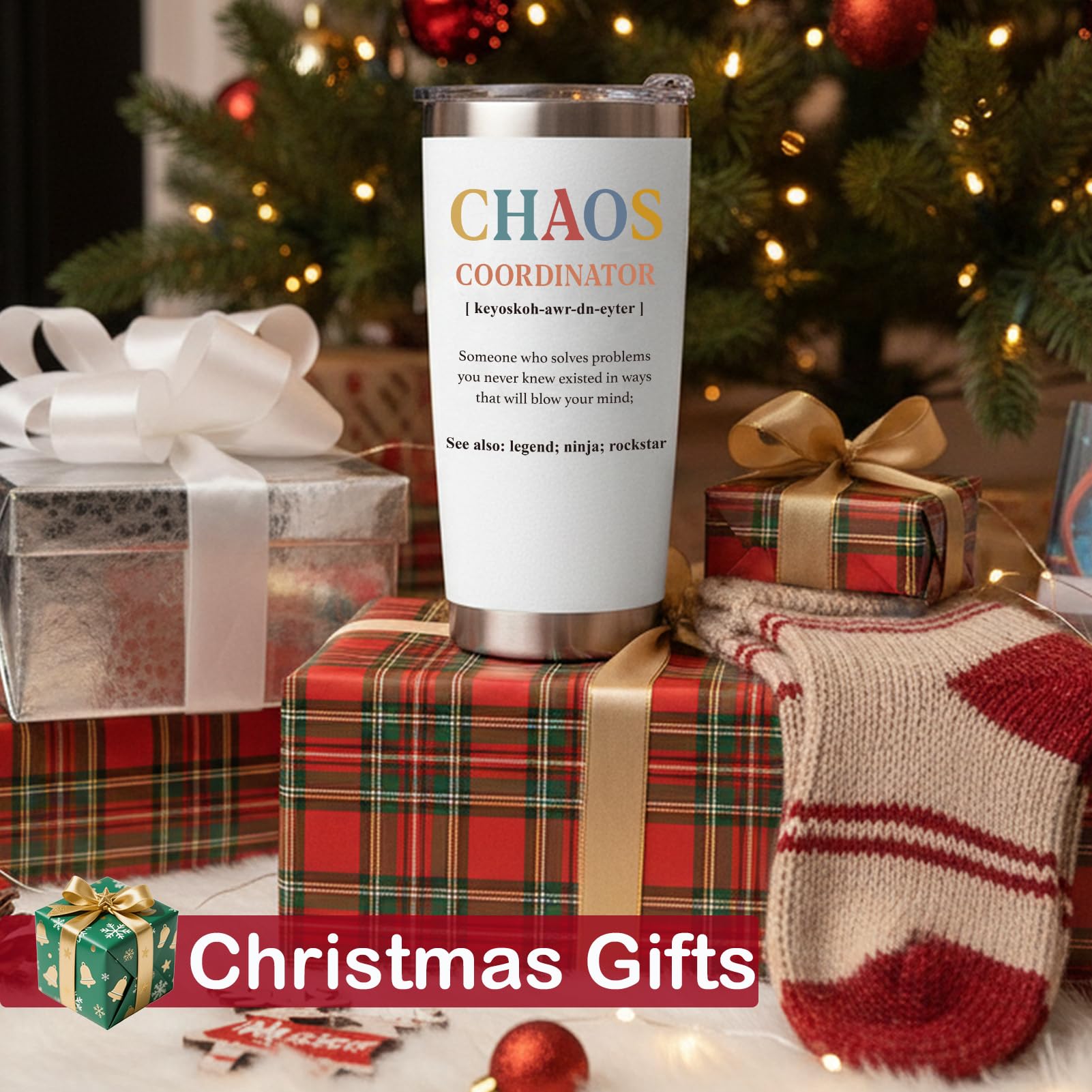 WECACYD Chaos Coordinator tumbler back nutrition fact adds playful detail