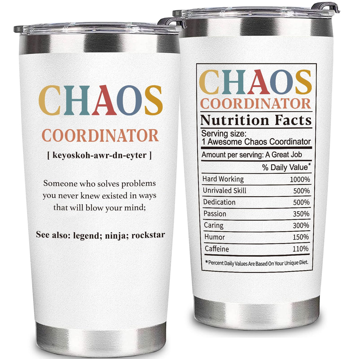 WECACYD Chaos Coordinator tumbler with front print for workplace gifting
