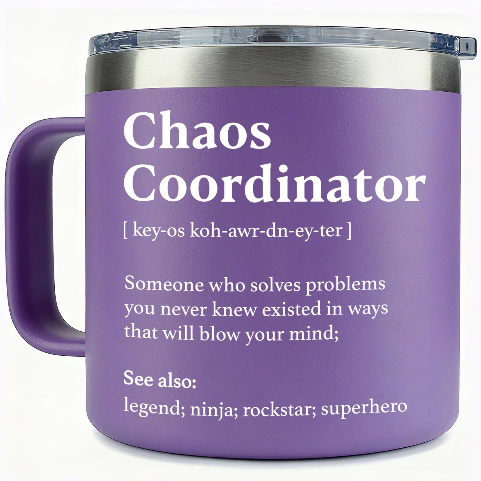 WECACYD Chaos Coordinator mug front view showing sturdy stainless steel for daily use
