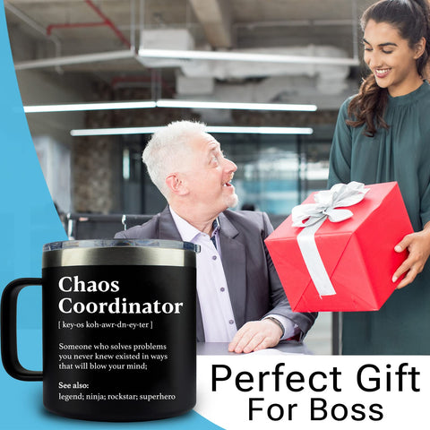 WECACYD Chaos Coordinator mug with leak-proof lid, ideal for spills-free travel.