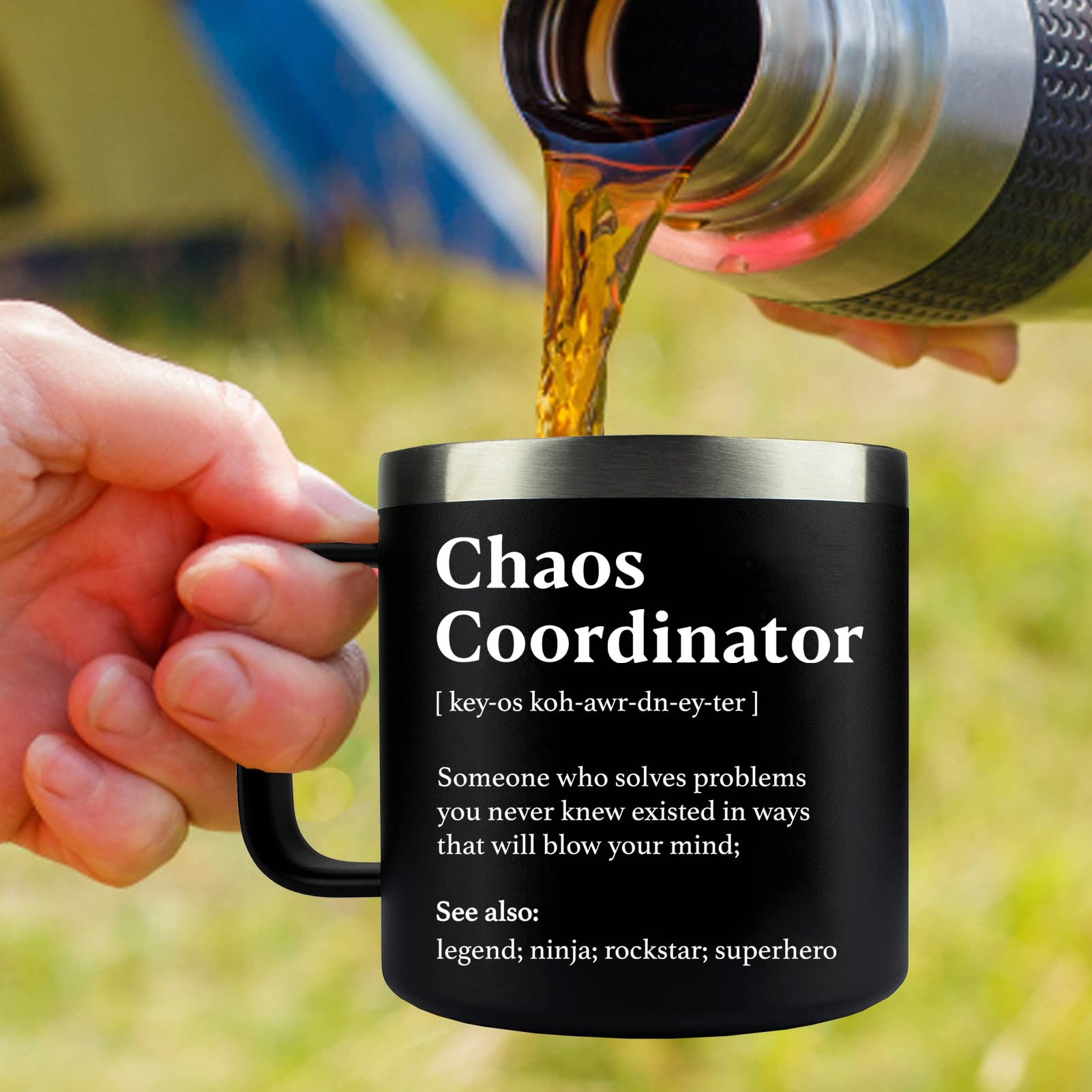 WECACYD Chaos Coordinator mug on an office desk, versatile for work breaks.
