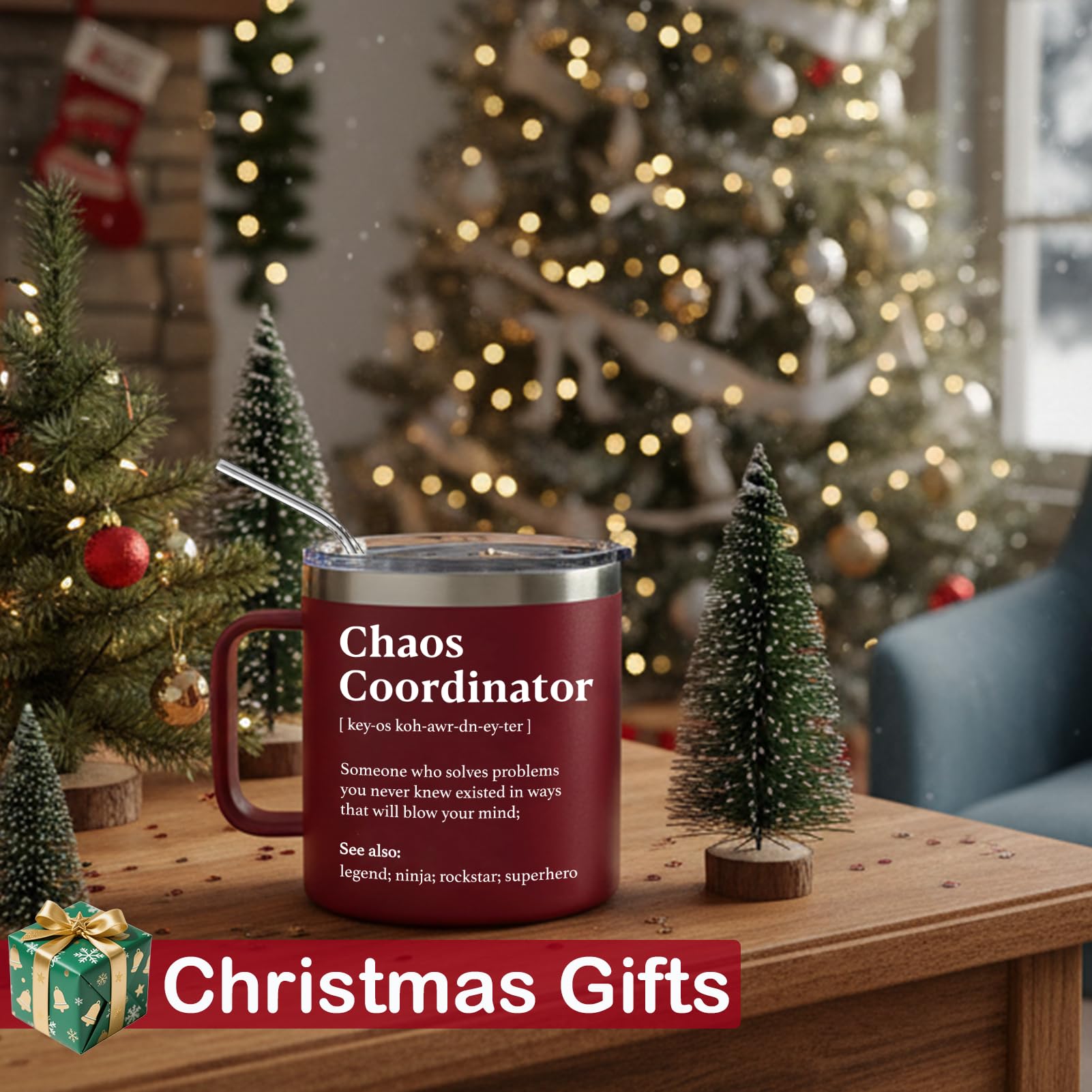 WECACYD Chaos Coordinator mug in red, angle shot, keeps beverages at the right temperature.