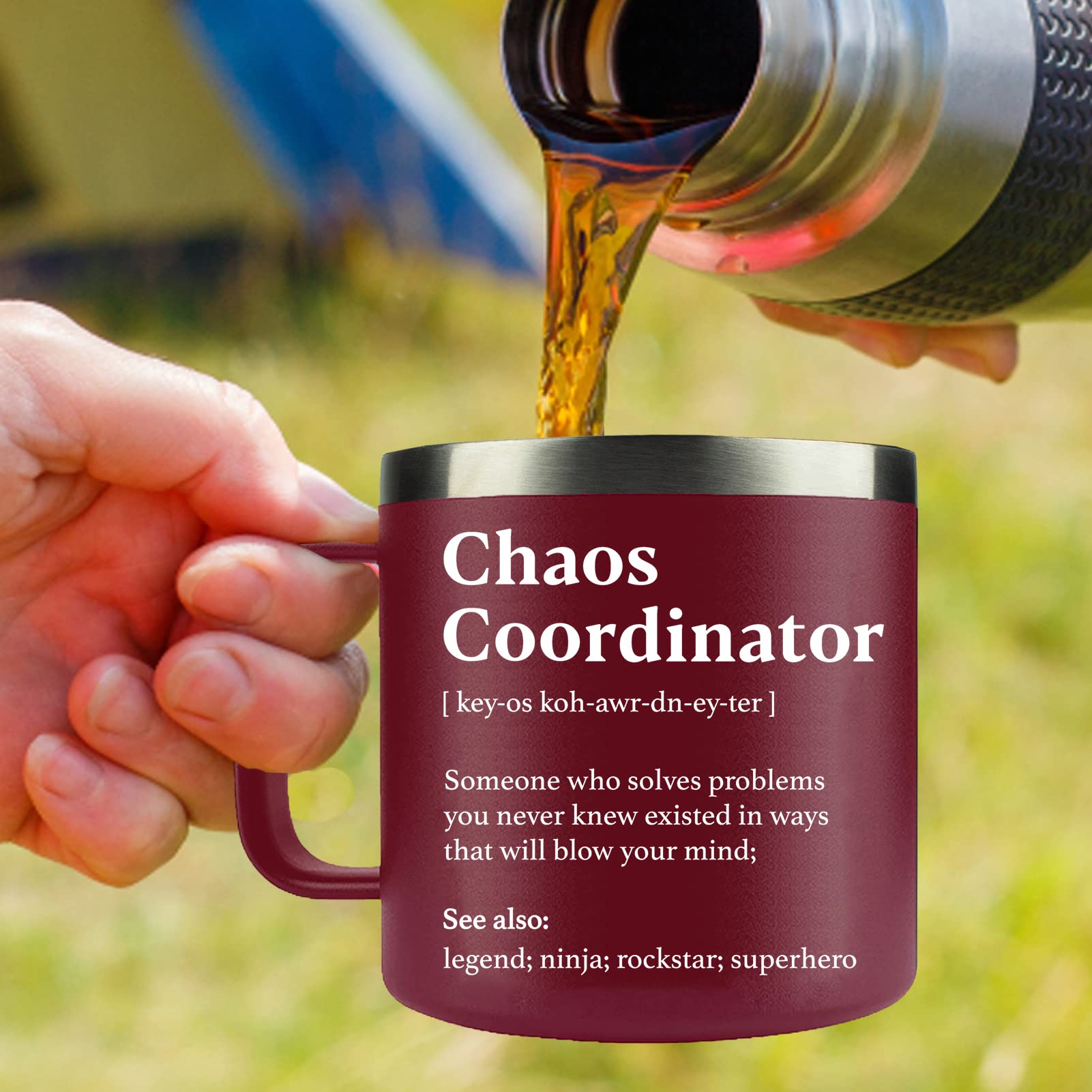 WECACYD Chaos Coordinator mug red, back view, comfortable grip for all-day use.