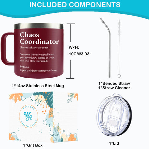 WECACYD Chaos Coordinator mug red, close-up graphic, adds fun flair to any home office.