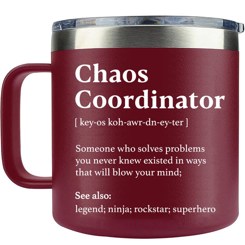 WECACYD Chaos Coordinator mug in red, front view, ideal desk companion for busy mornings.
