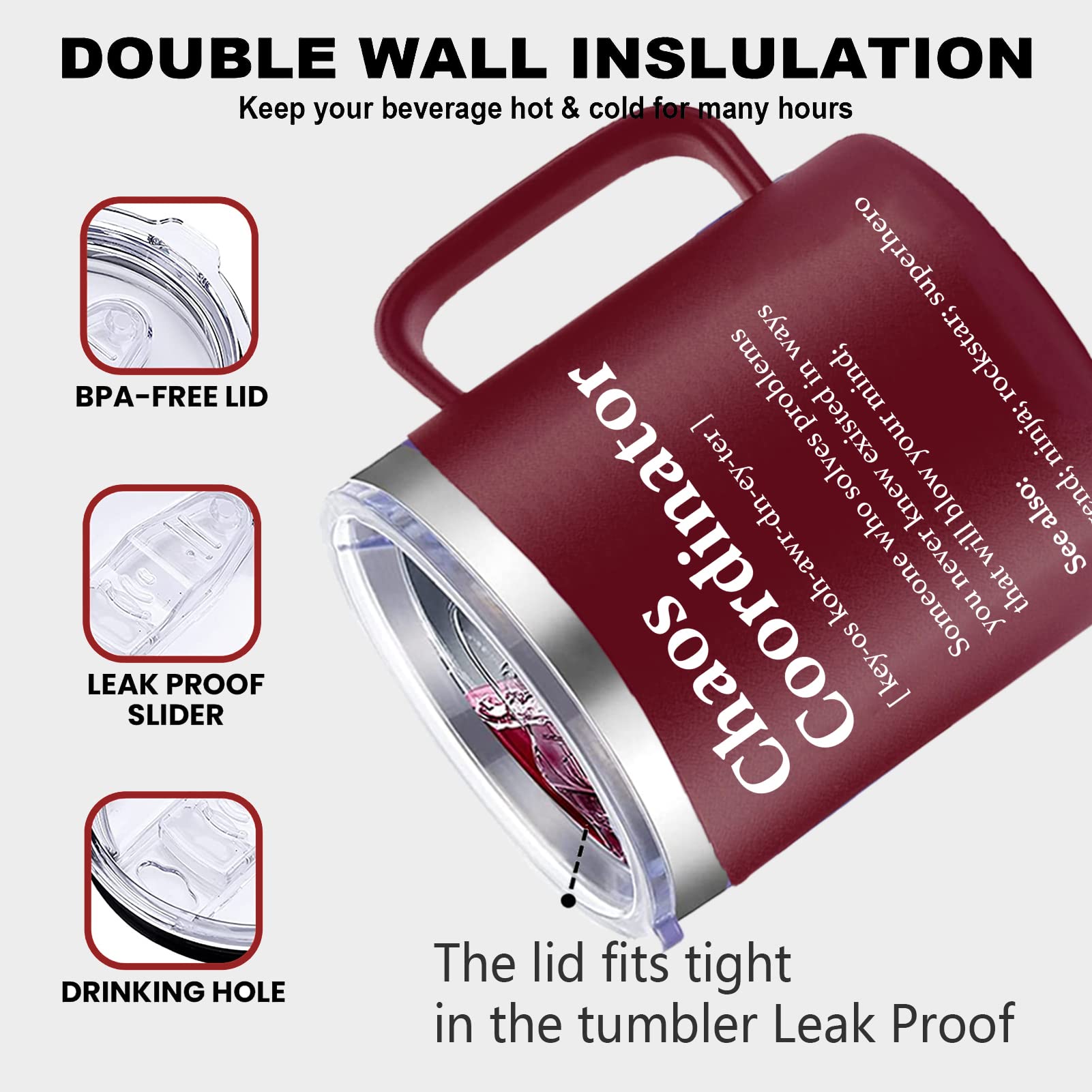 WECACYD Chaos Coordinator mug red, lid-closed, secure sip with spill-resistant design.