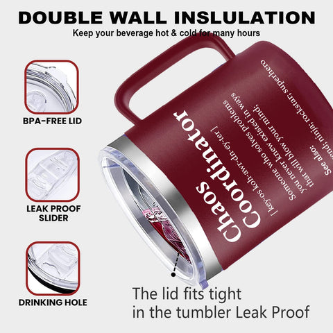 WECACYD Chaos Coordinator mug red, lid-closed, secure sip with spill-resistant design.