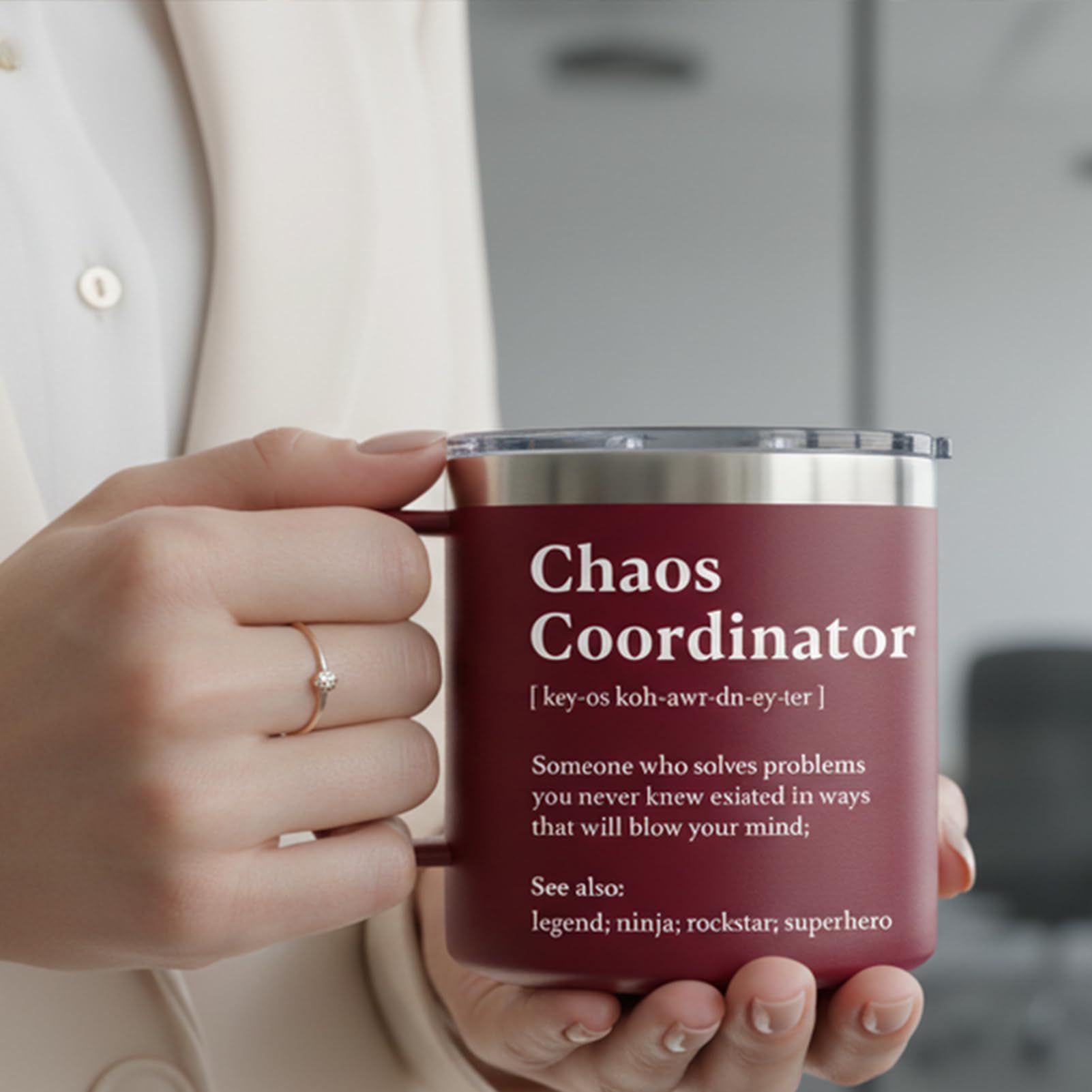 WECACYD Chaos Coordinator mug red, on office desk, enhances daily workflow with humor.