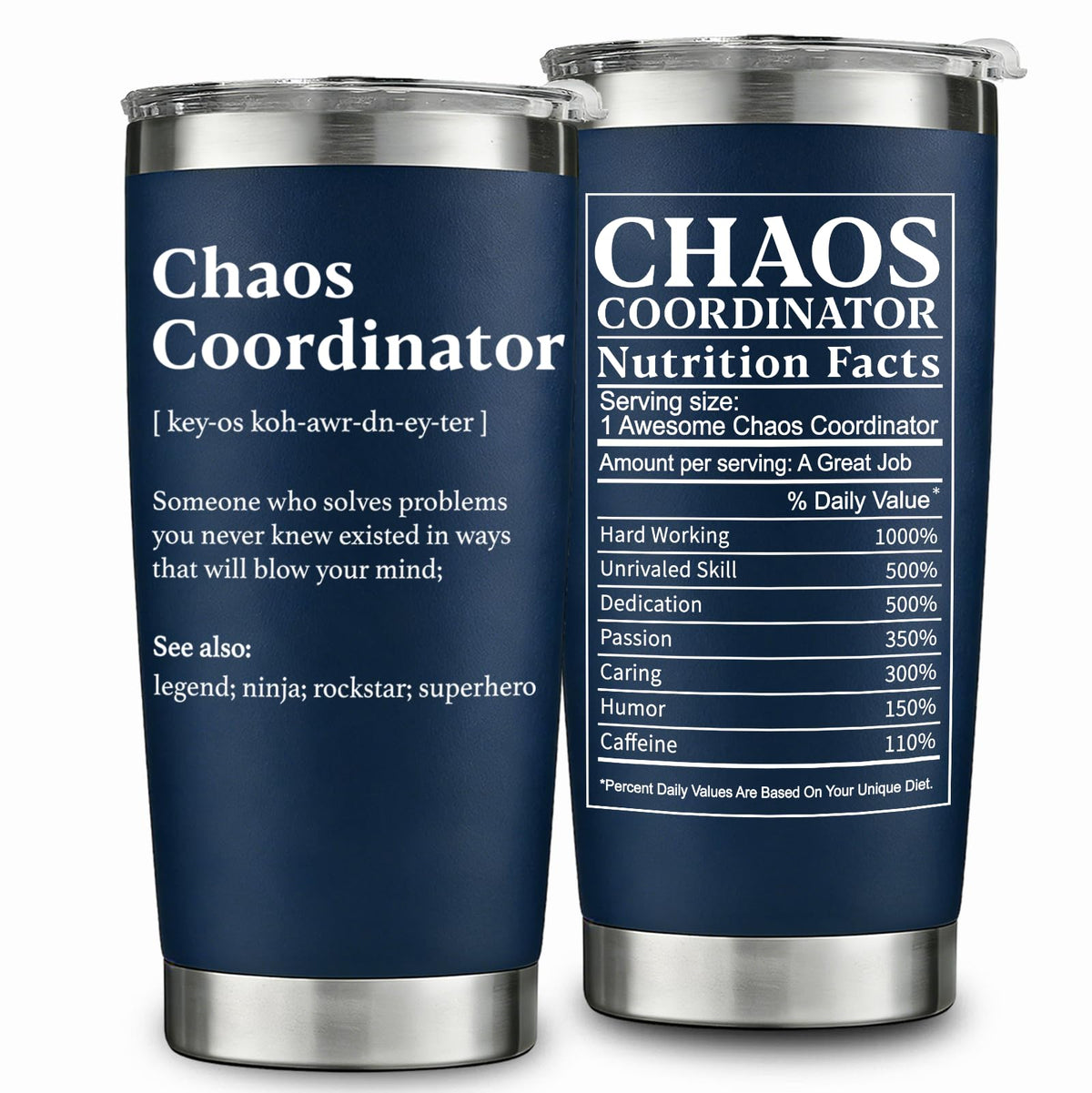 wecacyd chaos coordinator tumbler front view in navy keeps drinks ready on the go