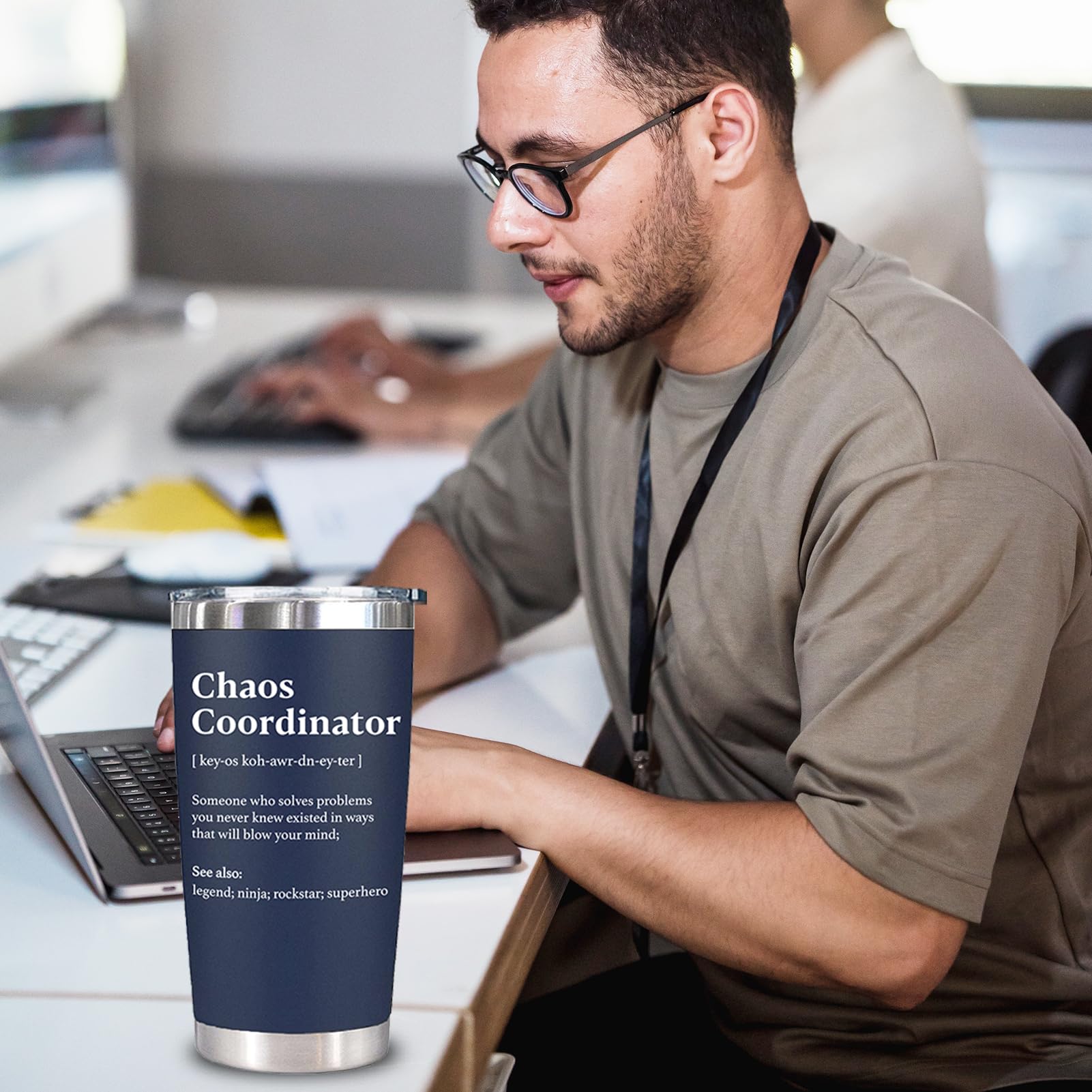 wecacyd chaos coordinator tumbler in office scene demonstrates practical everyday use