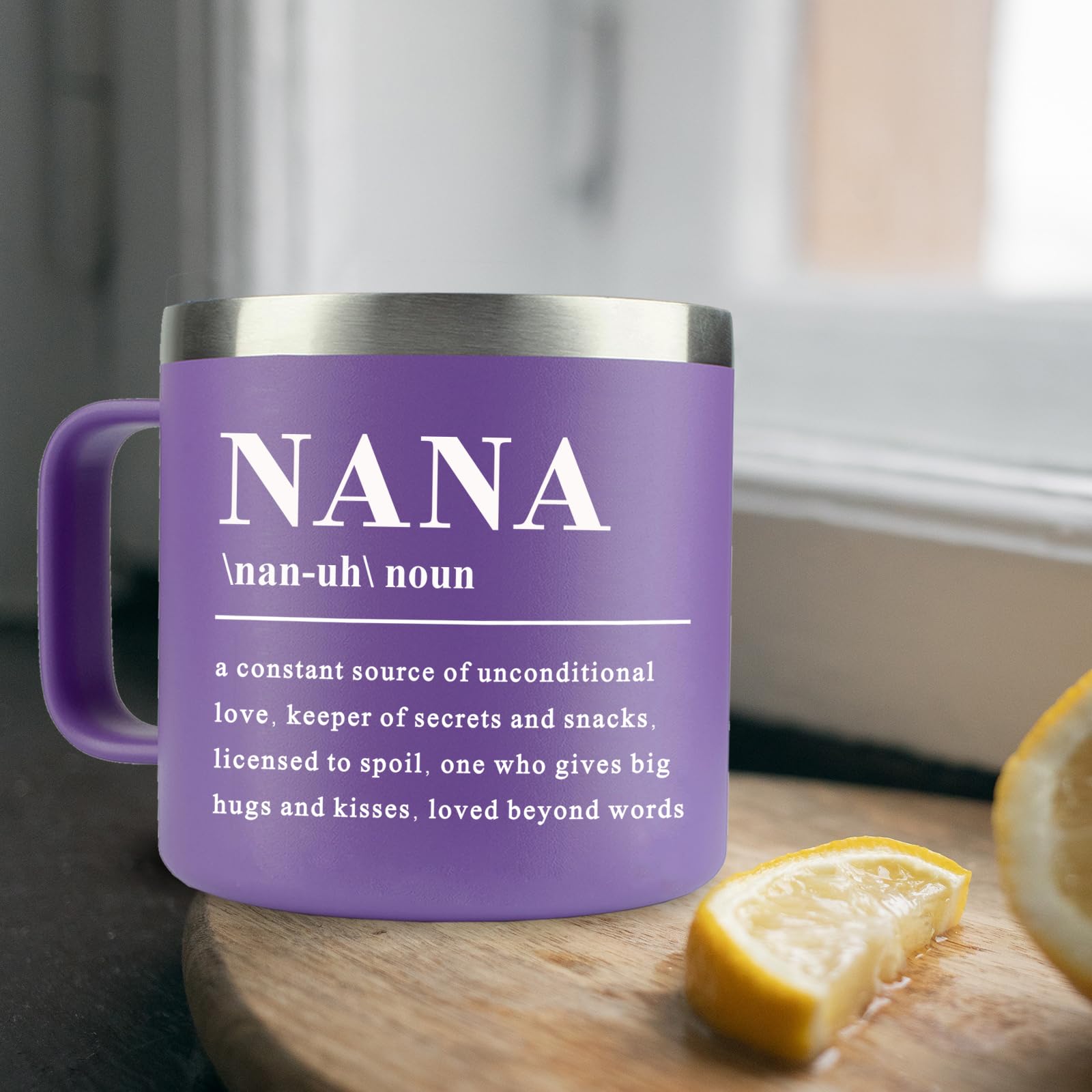 WeCACYD Nana mug outdoors for camping or lake trips.