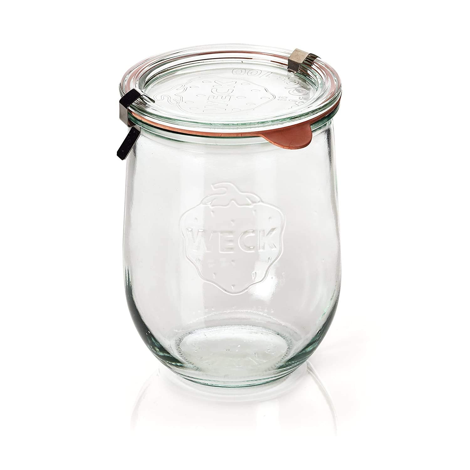 WECK Tulip jar stainless clips securing lid for lasting freshness.