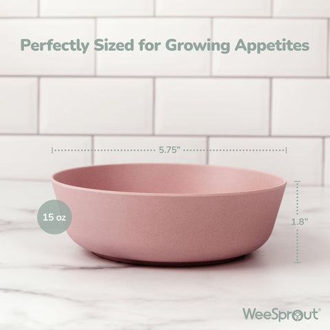 WeeSprout green-lidded bamboo kid bowls shown with lids on for leftovers