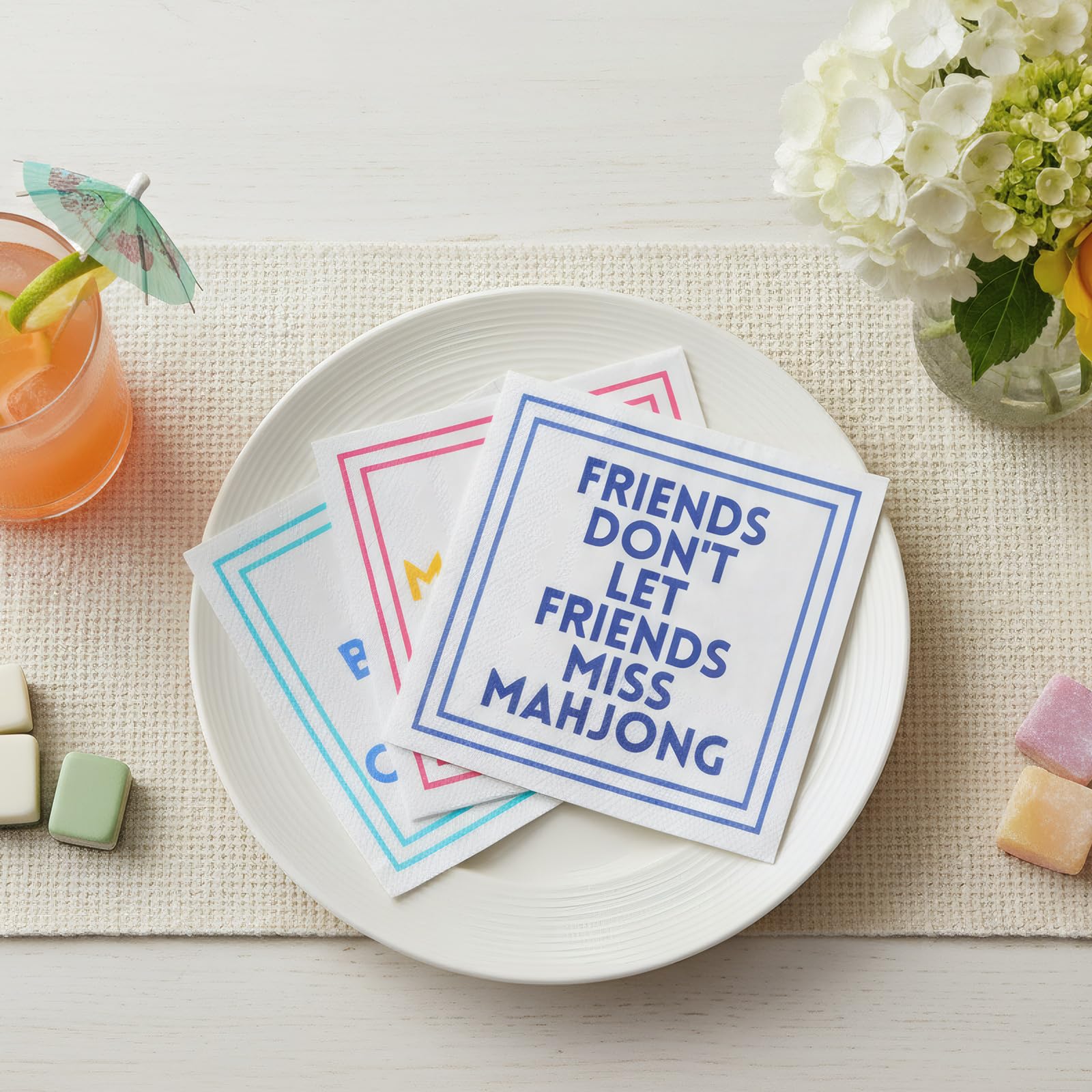 Weekgrat Mahjong napkins folded 5x5 under drinks and snacks