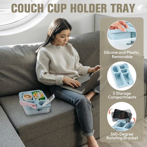 Weeme couch cup holder tray with 360-degree rotating phone stand for hands-free viewing.