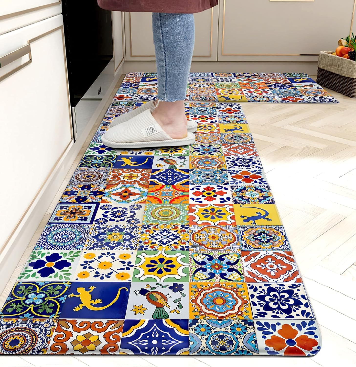 Weesire boho kitchen rugs 2pc pattern blue yellow orange for soft anti-fatigue comfort
