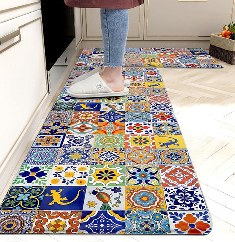Weesire boho kitchen rugs 2pc pattern blue yellow orange for soft anti-fatigue comfort