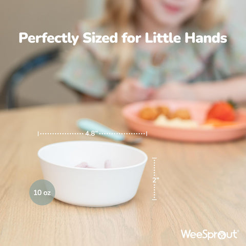 WeeSprout bamboo kids bowls in green for mess-friendly meals.