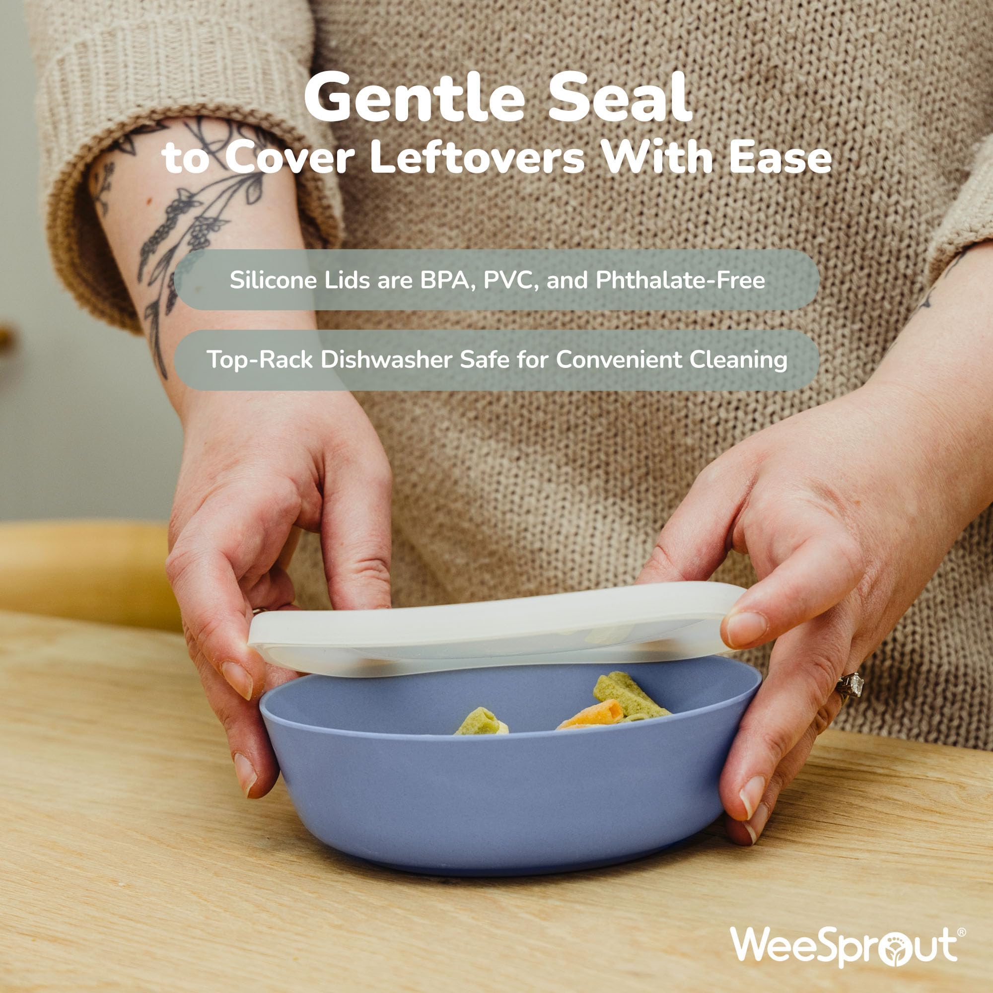 WeeSprout bamboo bowls with gray lid for kid sized meals and storage