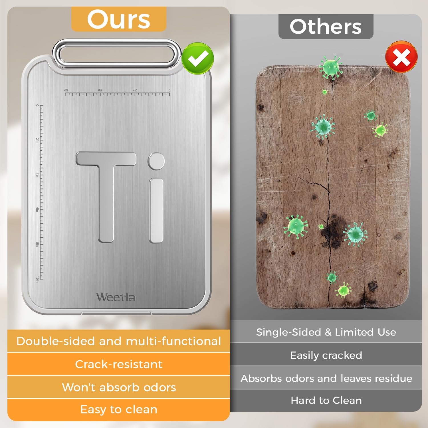 Weetla dual-sided non-stick board cleans in seconds.