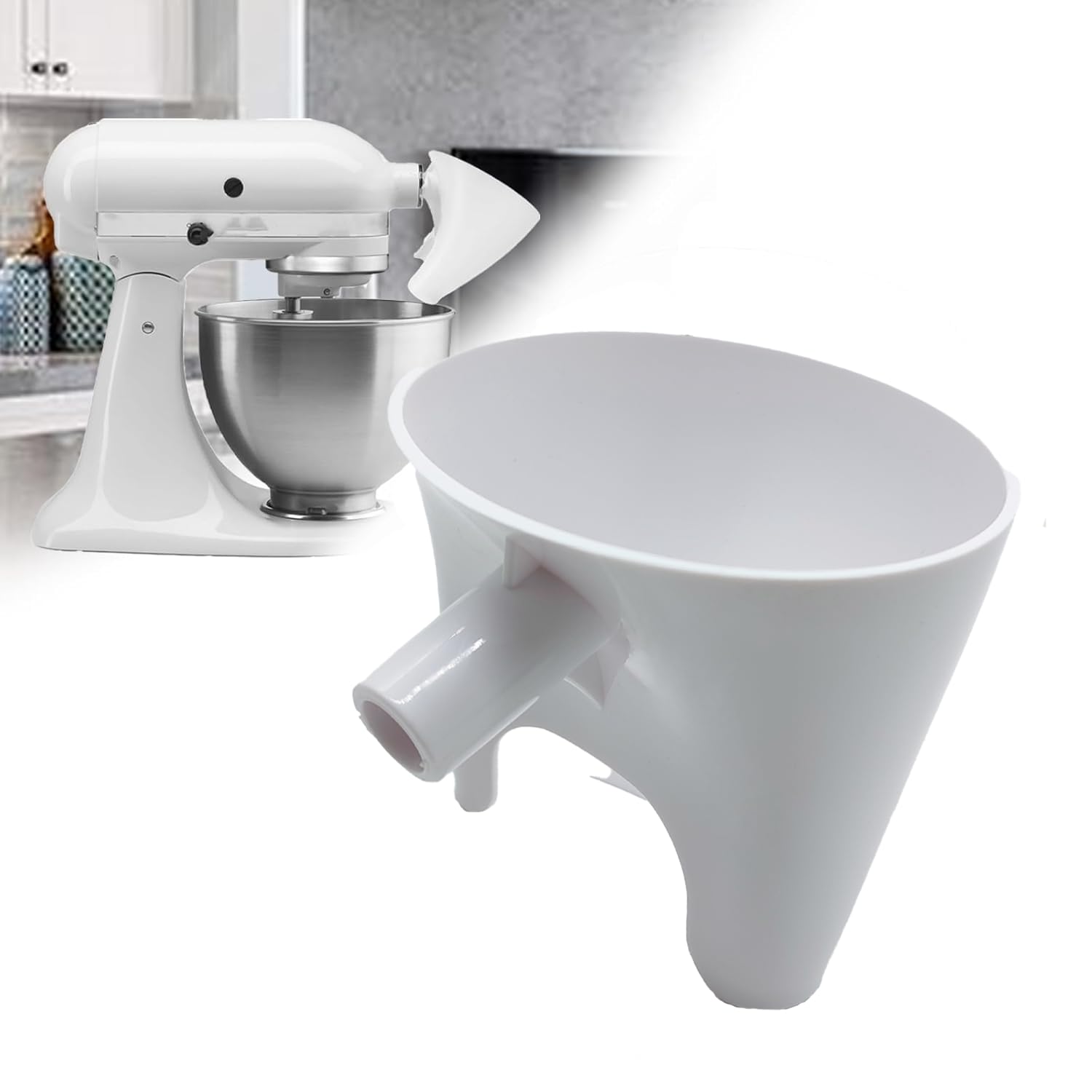 WEIAIDE flour funnel attachment guides dry ingredients into the mixer bowl.