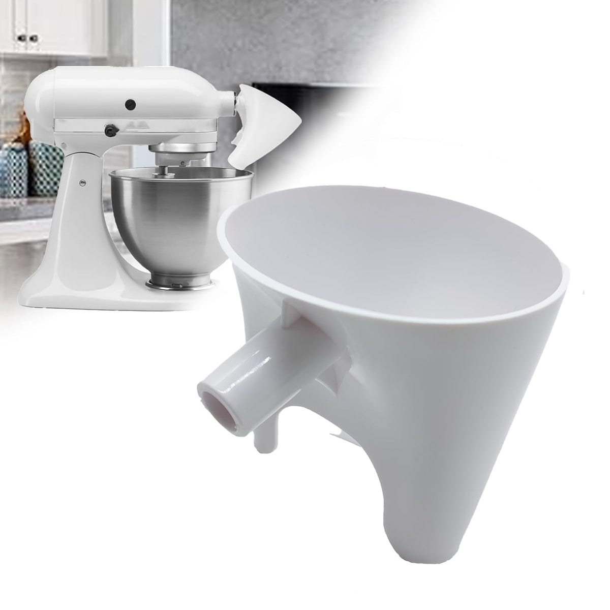 WEIAIDE flour funnel attachment guides dry ingredients into the mixer bowl.