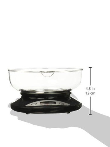 Weighmax 2810-2KG black scale with removable bowl for quick cleanup.