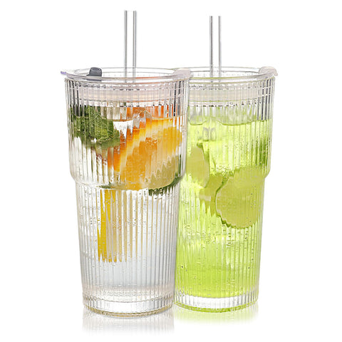 WeirdUncle ribbed-glass tumbler with lid and straw for portable, spill-free sipping.