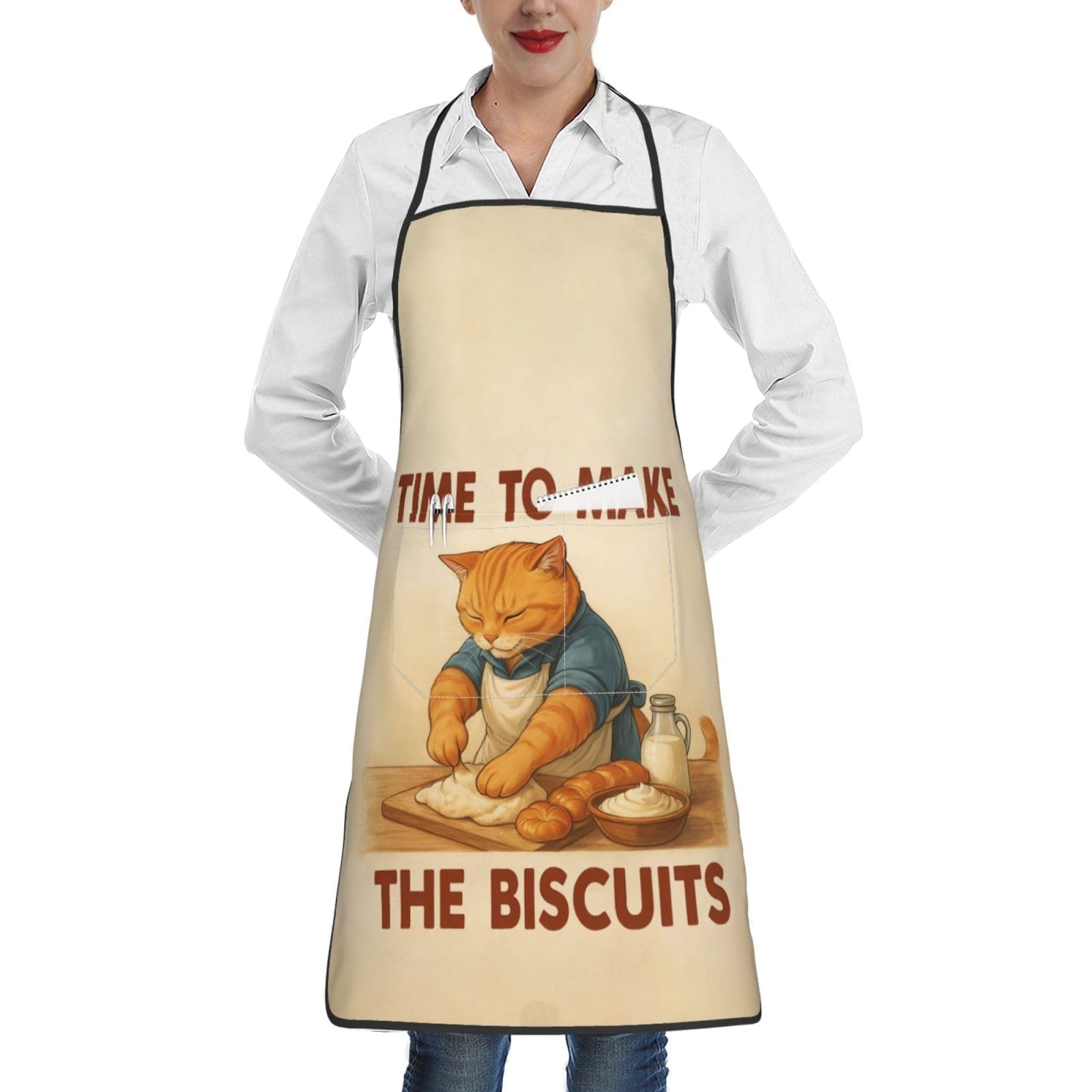 Weiscode cute orange cat chef apron with front pocket for easy utensil storage.
