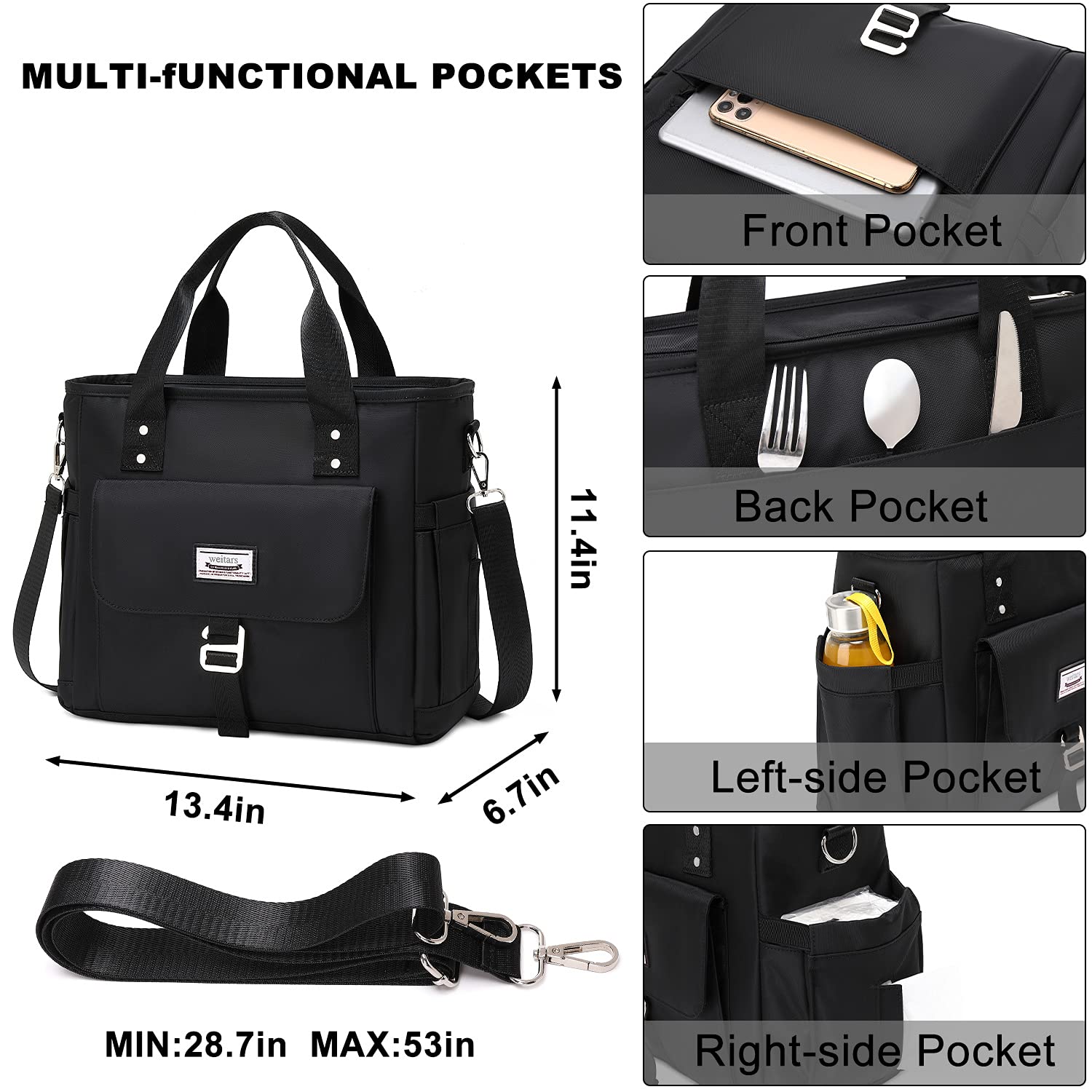 Weitars insulated lunch bag with front and back pockets for quick access.