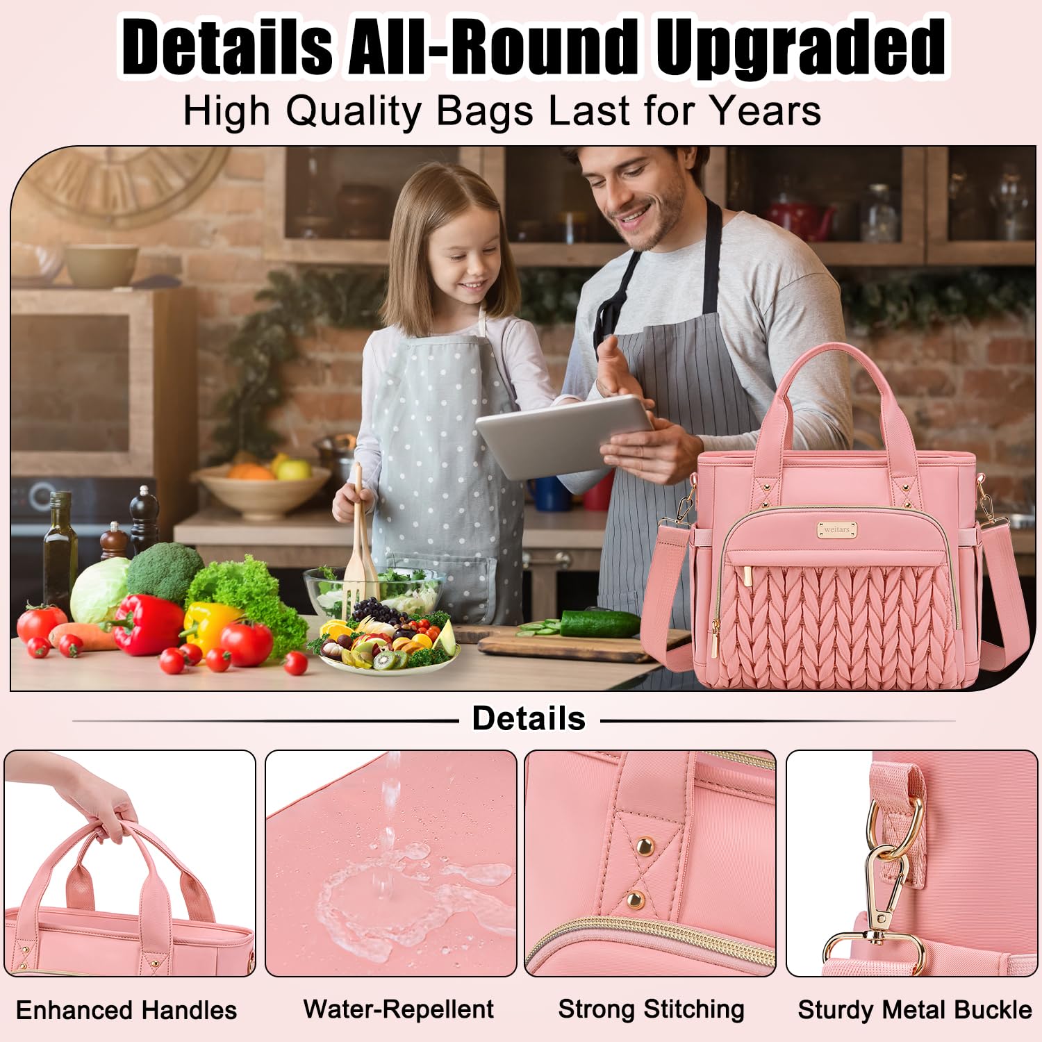 Weitars insulated lunch bag front pocket zipper stores essentials within reach.