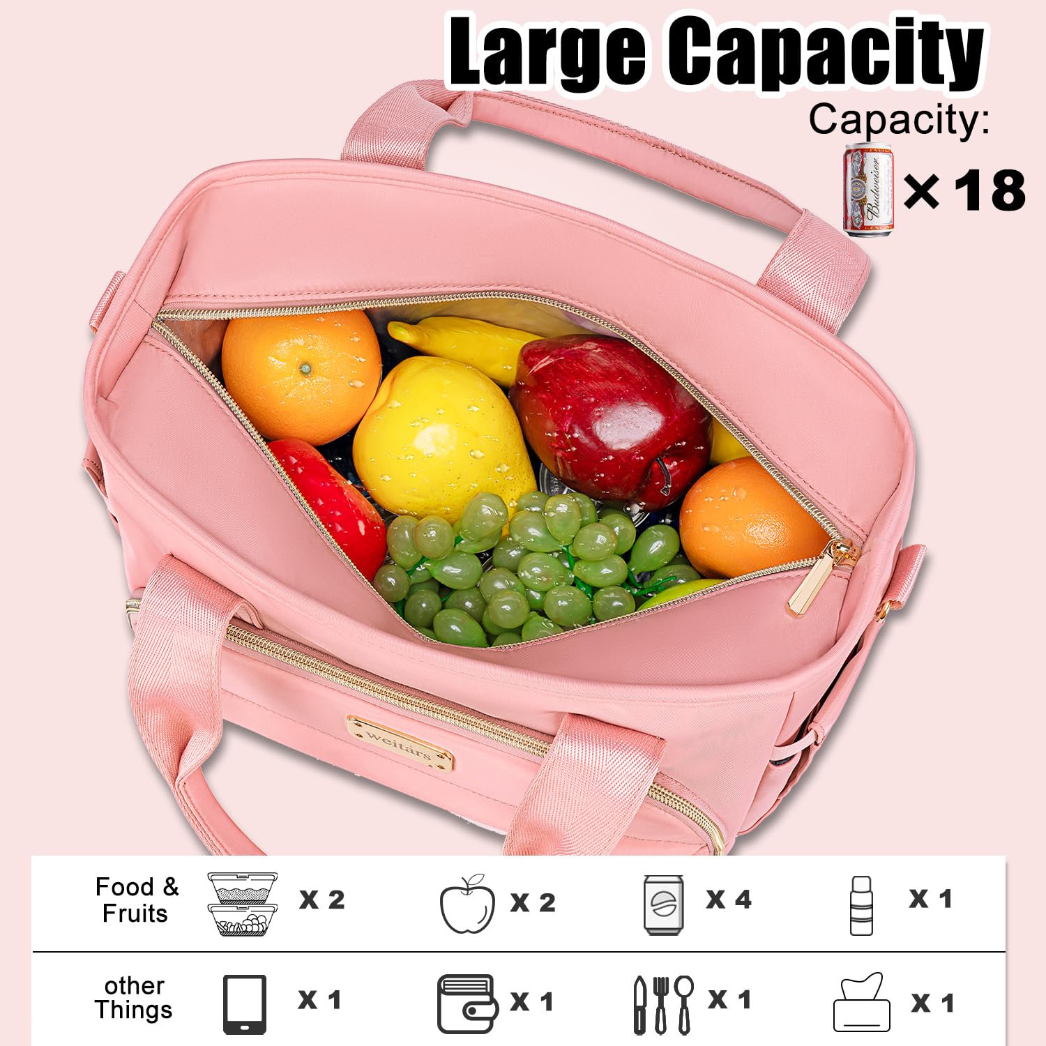 Weitars insulated lunch bag side pocket stores bottle and umbrella securely.