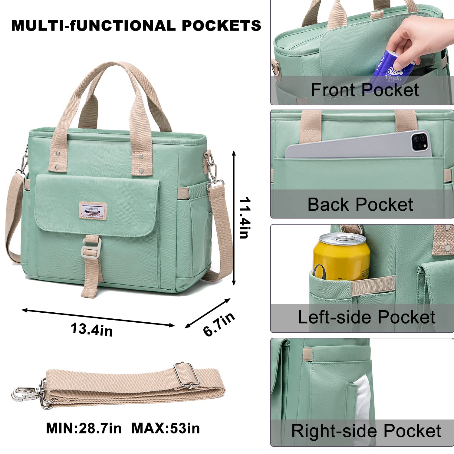 Weitars insulated lunch bag featuring front and back pockets for keys, phone, and cards.