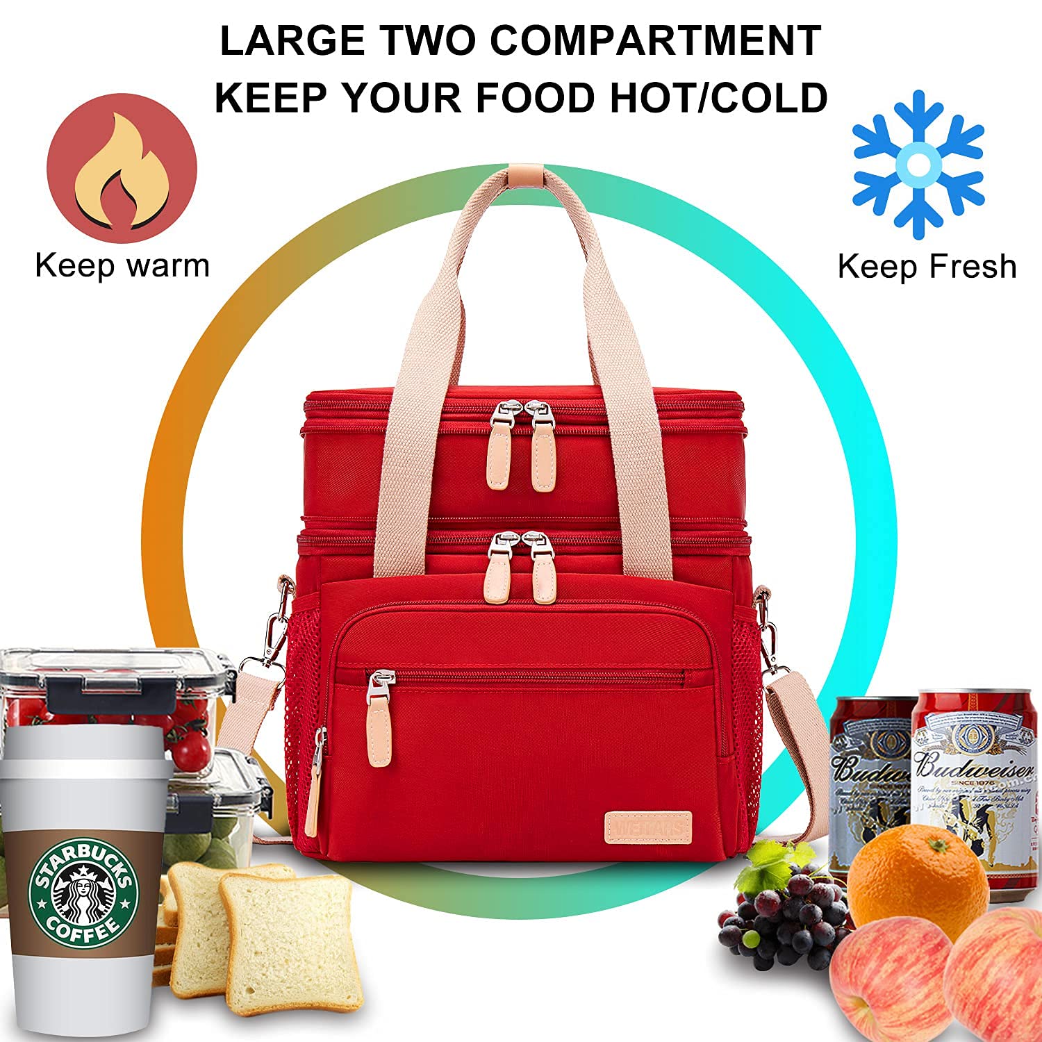 Weitars lunch bag top handle and adjustable shoulder strap for versatile carrying.