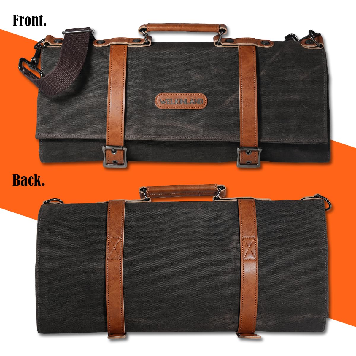 Welkinland knife roll multiple pockets including three sizes and a zipper pocket.