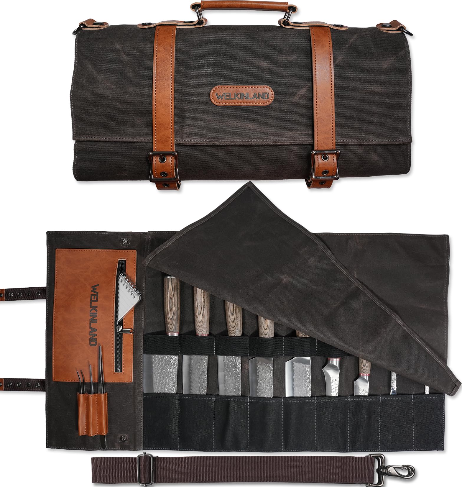 Welkinland knife roll closed front view highlighting durable waxed canvas and premium leather trim.