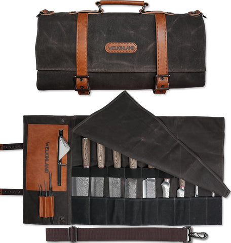 Welkinland knife roll closed front view highlighting durable waxed canvas and premium leather trim.