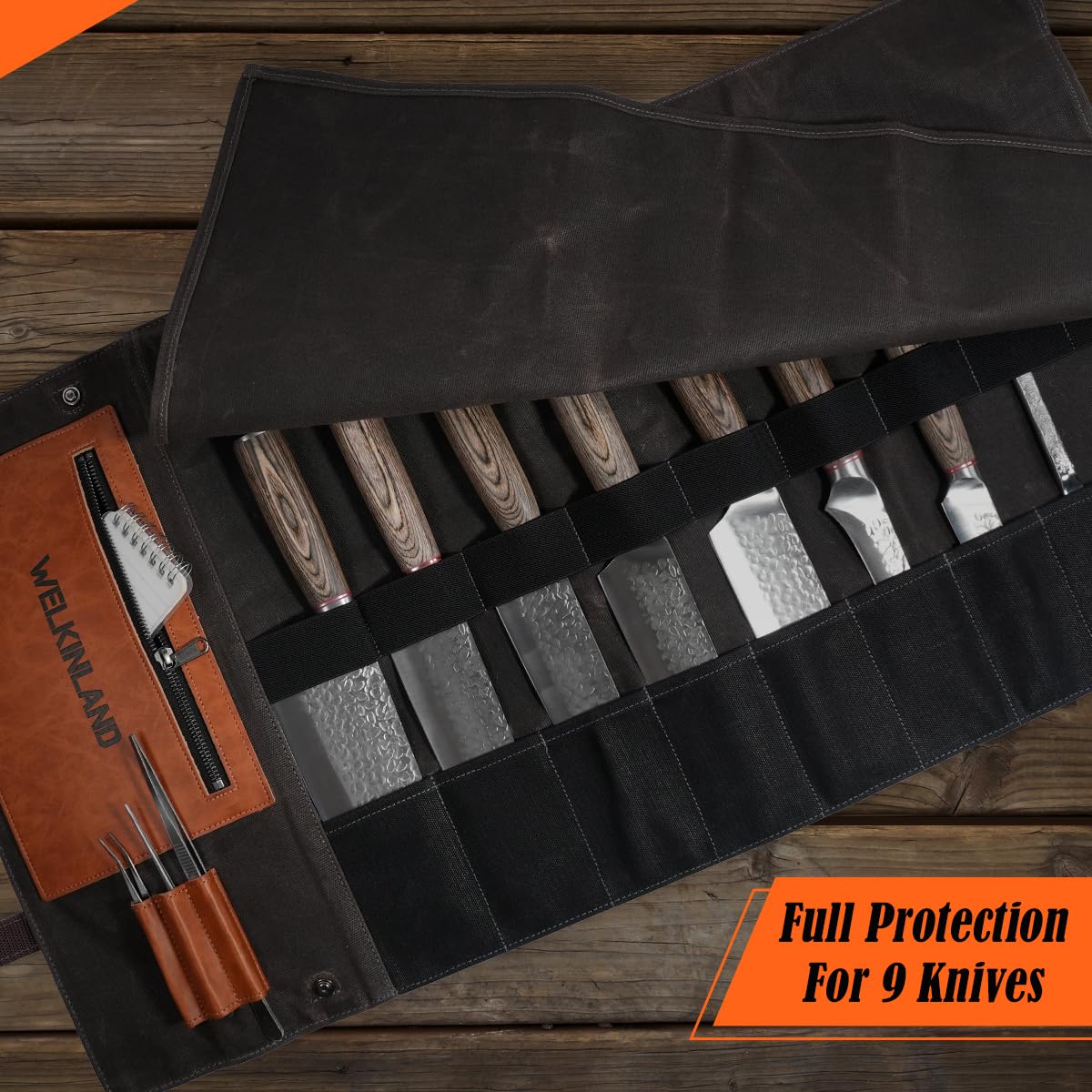 Welkinland knife roll with durable waxed canvas protecting knives on the go.