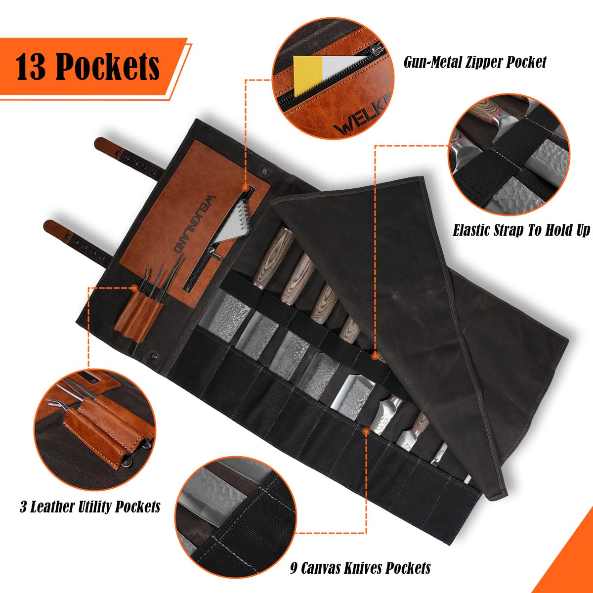 Welkinland knife roll elastic securing band holds blades securely during travel.