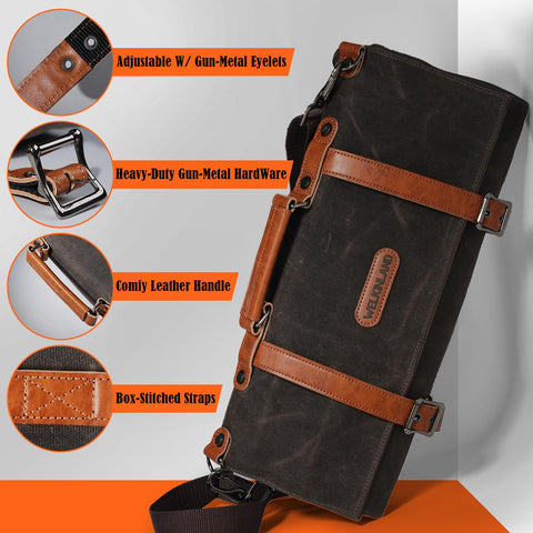 Welkinland knife roll ergonomic handle and detachable strap for easy carrying.