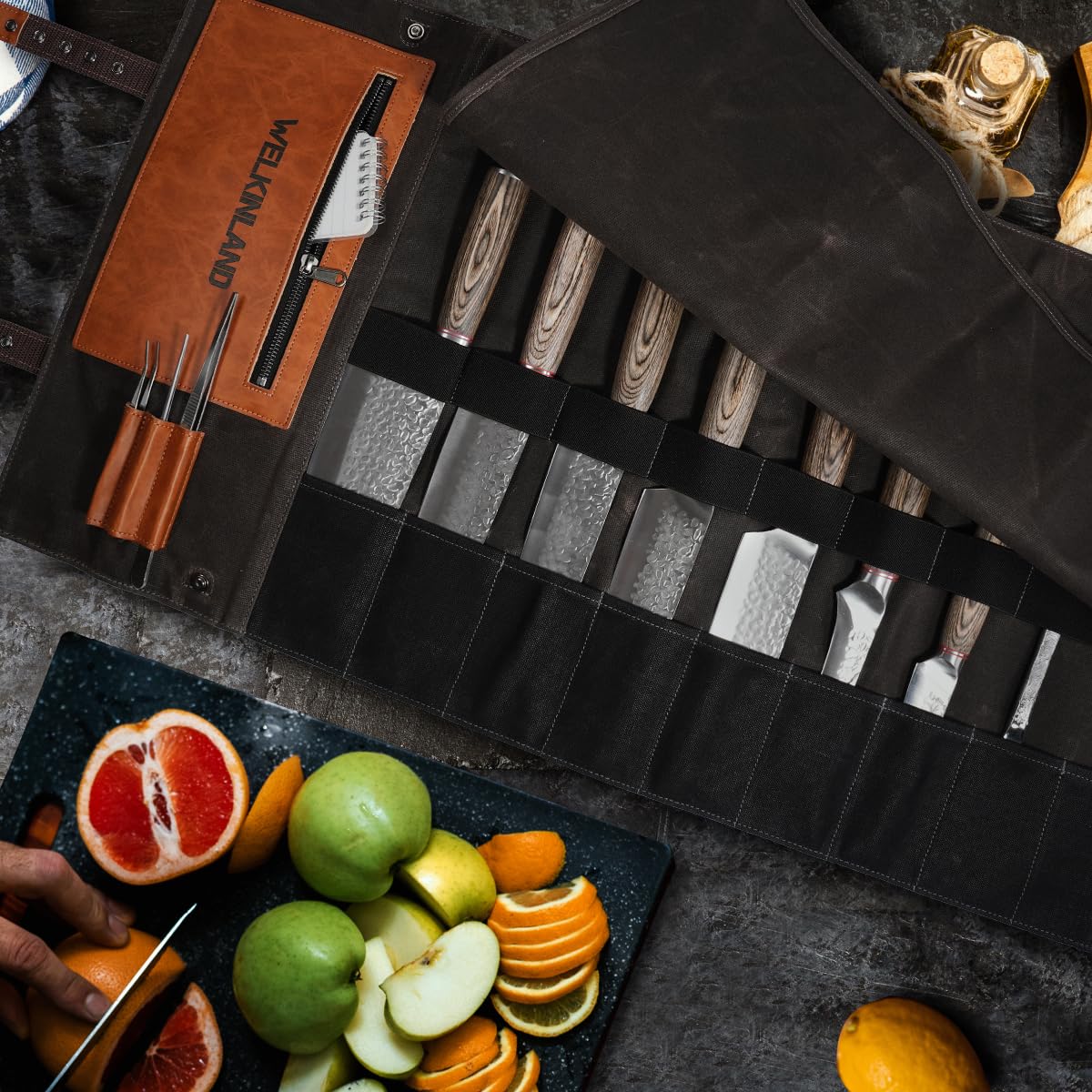 Welkinland knife roll open flat design shown for quick blade access during prep.