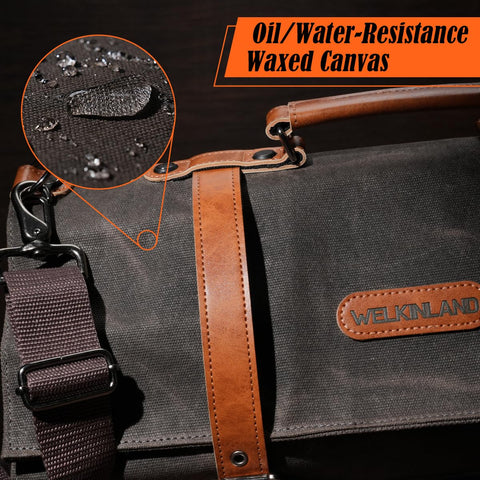 Welkinland knife roll with premium leather trim for stylish, sturdy handling.