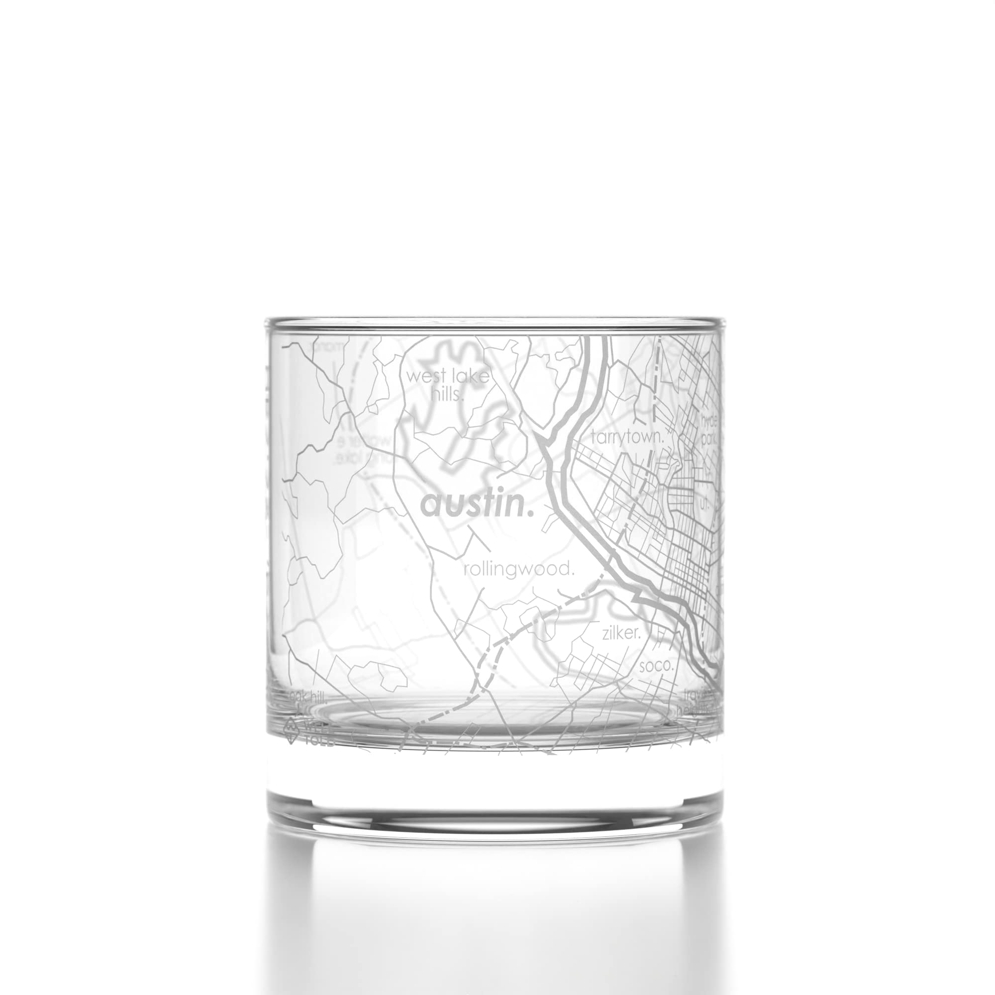 Well Told engraved Austin map rocks glass with wraparound city map for whiskey enjoyment.