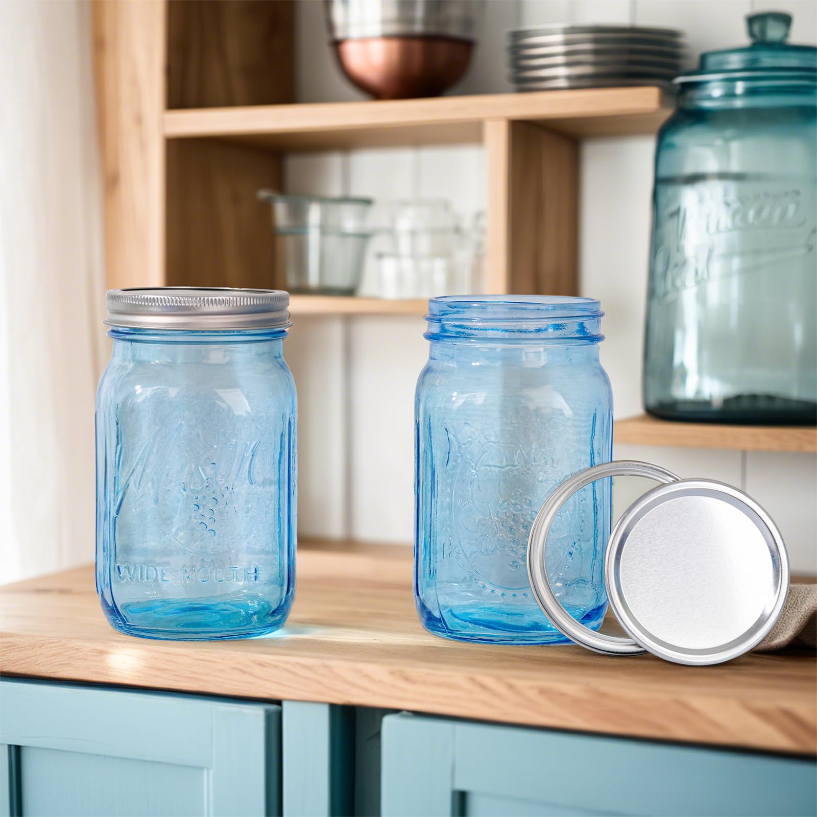 Wellife blue mason jar decorative display for home decor.