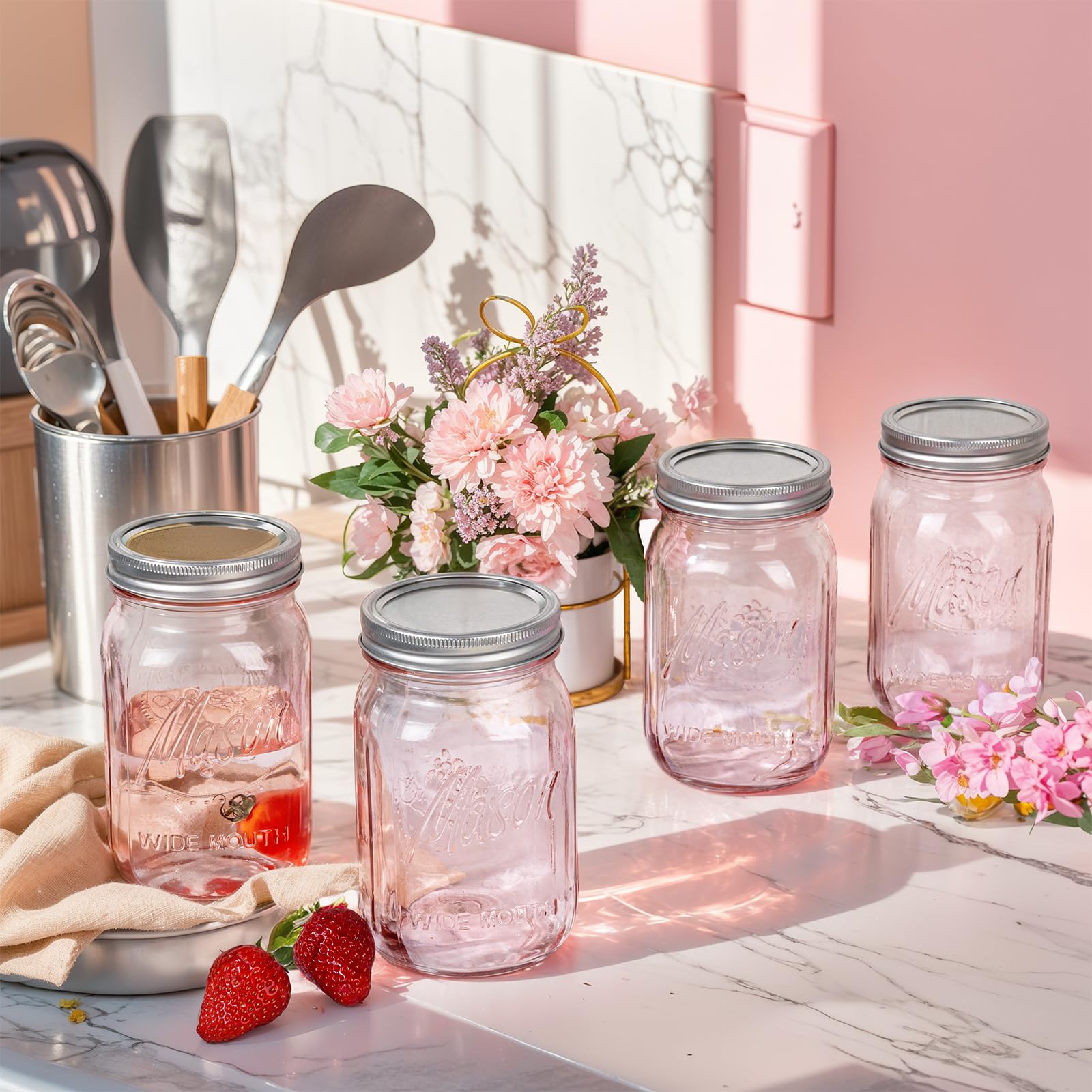 Wellife pink mason jar 32oz in a decorative setup for flowers and decor.