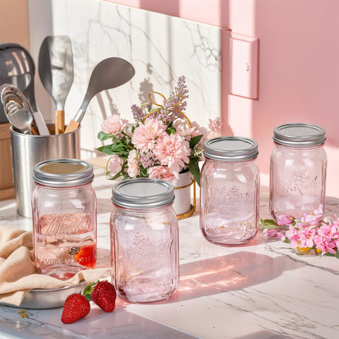 Wellife pink mason jar 32oz in a decorative setup for flowers and decor.