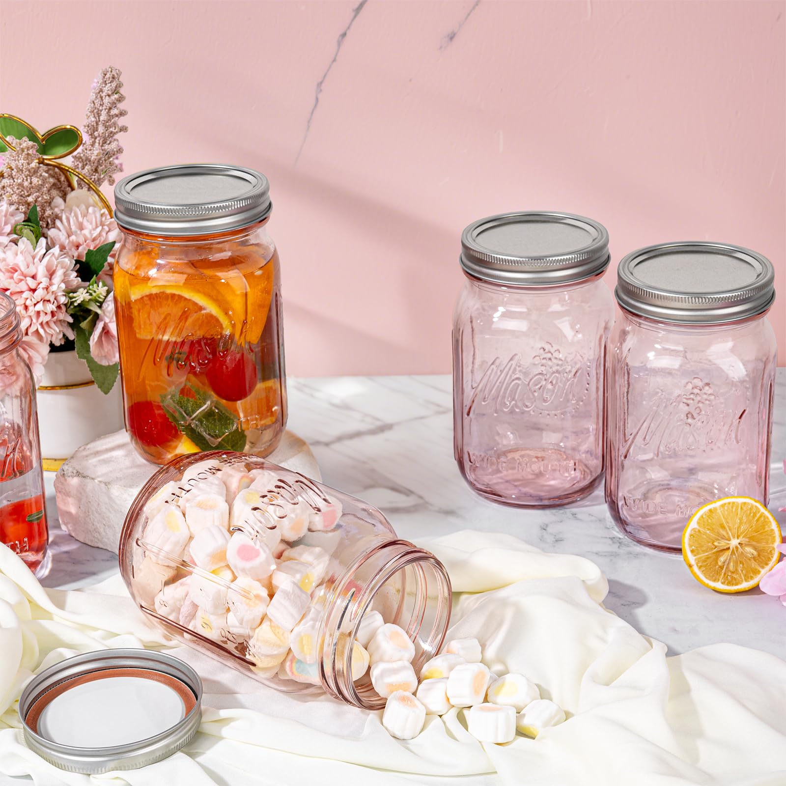 Wellife pink mason jar 32oz shown in a DIY crafts setup for candles and centerpieces.