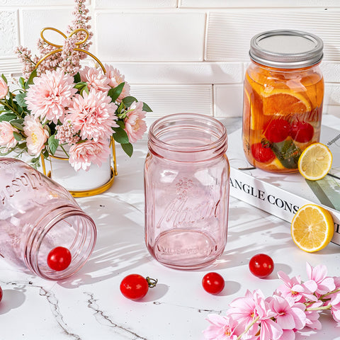 Wellife pink mason jar 32oz stored with grains and snacks for organized pantry.