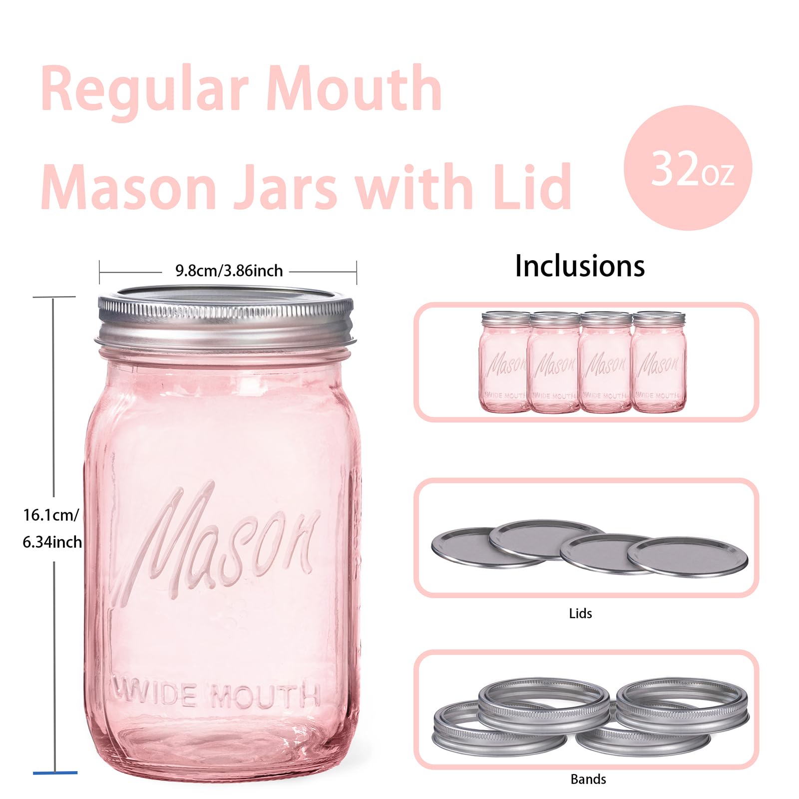 Wellife pink mason jar 32oz with lid on, showing airtight seal for freshness.